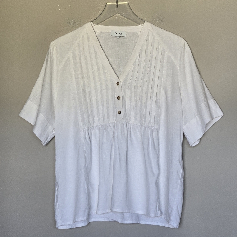 Levete Room White V-Neck Pin-tuck Linen Blend Short Sleeve Top Blouse Babydoll M